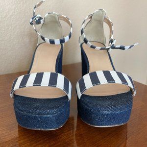 J CREW STRIPED DENIM WEDGES NAVY IVORY E7656 SZ 7